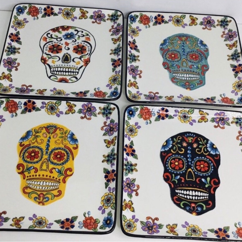 4 Square Salad Plates Maxcera Brightly Colored 8 1/4" Skull / Halloween New
